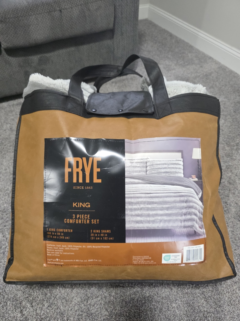 FRYE King Comforter Set Bag in Tan and Black with Orange Logo